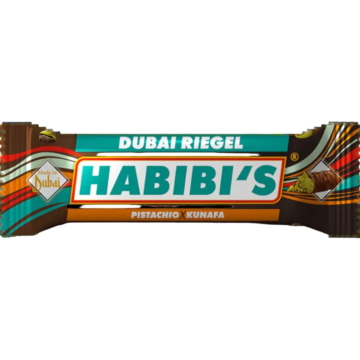 Habibi's Dubai Riegel candy bar packaging on a white background